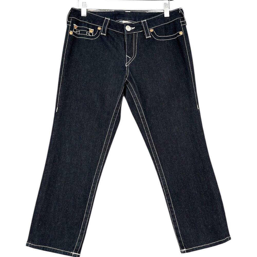 True Religion Rockstar Lola Dark Wash Contrast Stitch Cropped Jeans Women 30